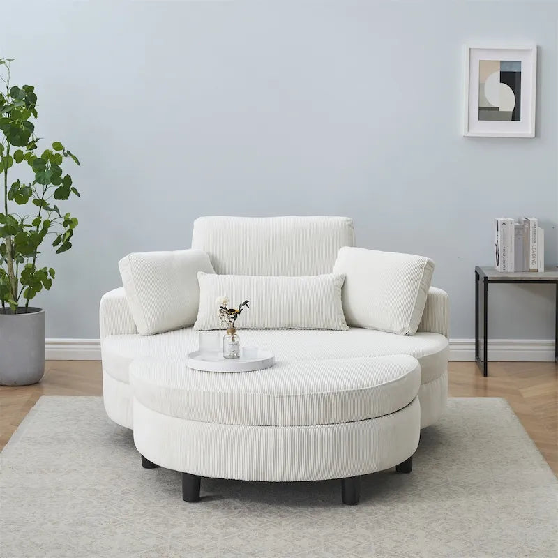Canapé rond avec pouf, tissu velours côtelé, appui-tête réglable, plateau amovible, 2 coussins décoratifs et 1 coussin lombaire, orange / beige / gris / jaune, 1 personne