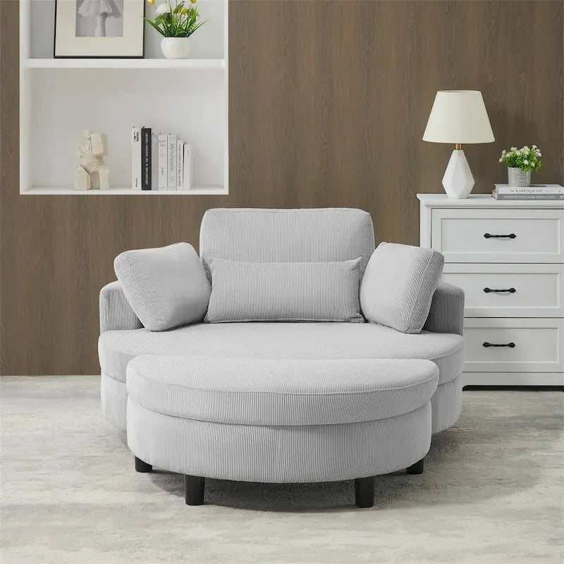 Canapé rond avec pouf, tissu velours côtelé, appui-tête réglable, plateau amovible, 2 coussins décoratifs et 1 coussin lombaire, orange / beige / gris / jaune, 1 personne