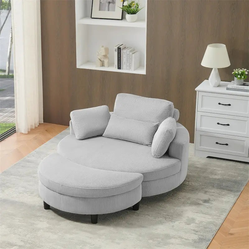 Canapé rond avec pouf, tissu velours côtelé, appui-tête réglable, plateau amovible, 2 coussins décoratifs et 1 coussin lombaire, orange / beige / gris / jaune, 1 personne
