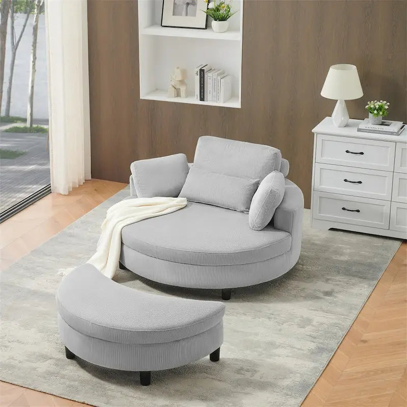 Canapé rond avec pouf, tissu velours côtelé, appui-tête réglable, plateau amovible, 2 coussins décoratifs et 1 coussin lombaire, orange / beige / gris / jaune, 1 personne