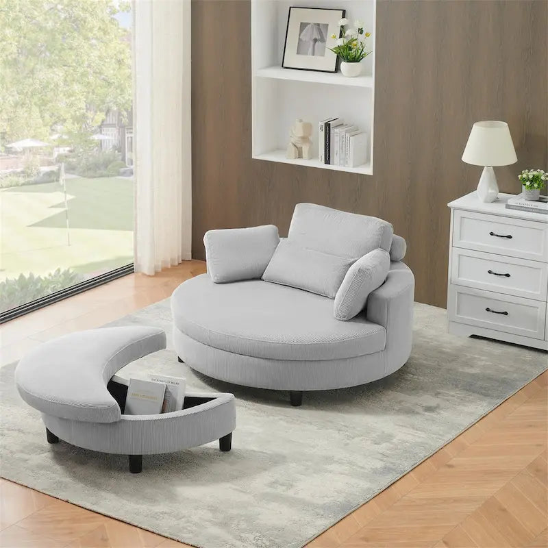 Canapé rond avec pouf, tissu velours côtelé, appui-tête réglable, plateau amovible, 2 coussins décoratifs et 1 coussin lombaire, orange / beige / gris / jaune, 1 personne