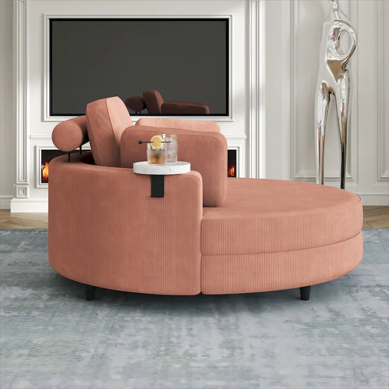Canapé rond avec pouf, tissu velours côtelé, appui-tête réglable, plateau amovible, 2 coussins décoratifs et 1 coussin lombaire, orange / beige / gris / jaune, 1 personne