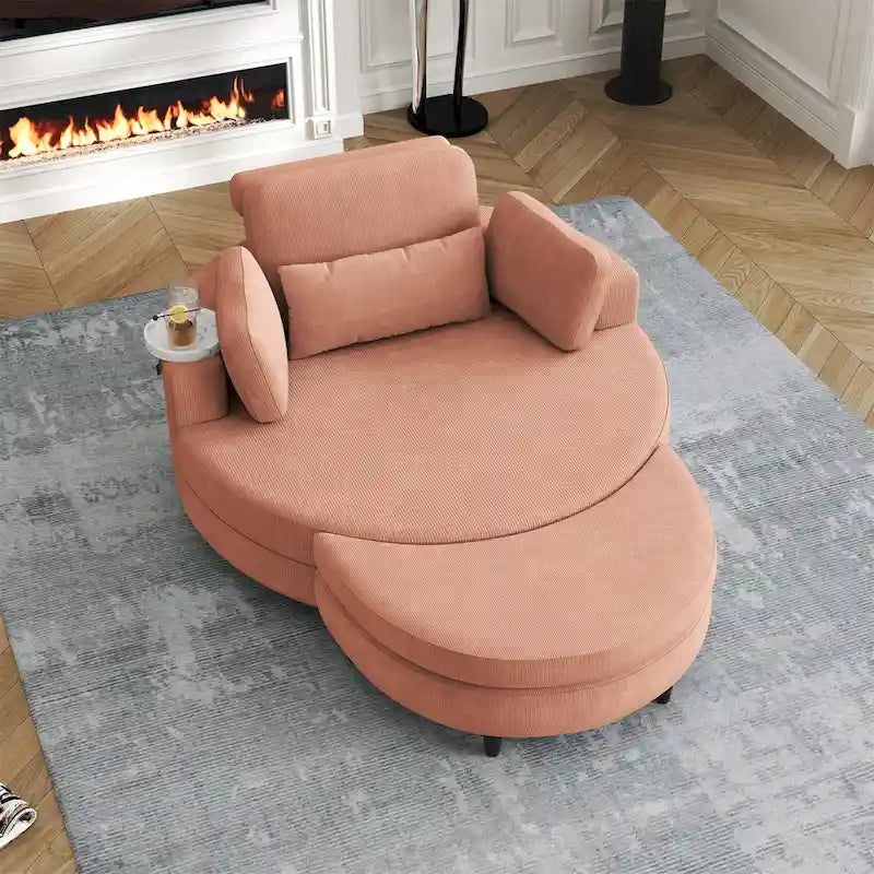 Canapé rond avec pouf, tissu velours côtelé, appui-tête réglable, plateau amovible, 2 coussins décoratifs et 1 coussin lombaire, orange / beige / gris / jaune, 1 personne