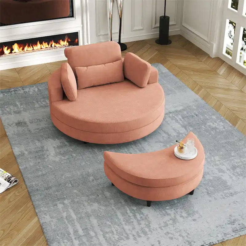 Canapé rond avec pouf, tissu velours côtelé, appui-tête réglable, plateau amovible, 2 coussins décoratifs et 1 coussin lombaire, orange / beige / gris / jaune, 1 personne
