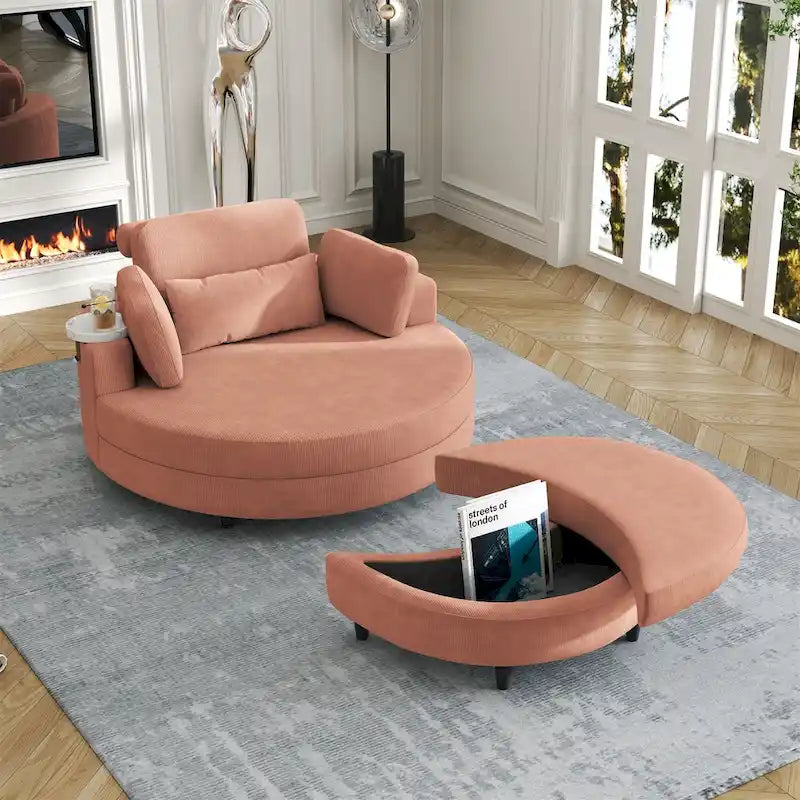 Canapé rond avec pouf, tissu velours côtelé, appui-tête réglable, plateau amovible, 2 coussins décoratifs et 1 coussin lombaire, orange / beige / gris / jaune, 1 personne
