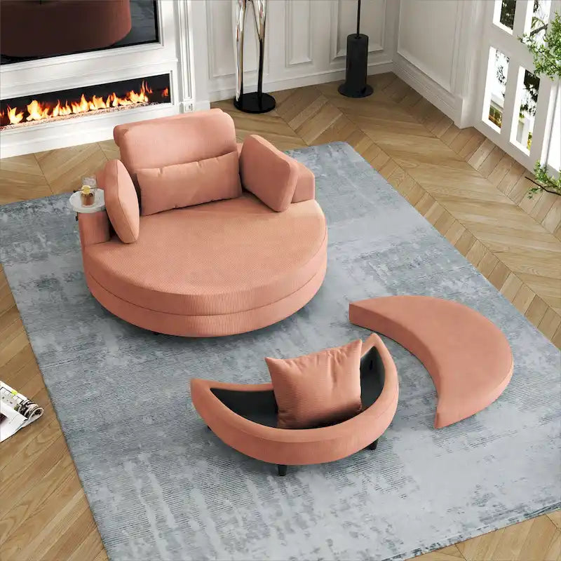 Canapé rond avec pouf, tissu velours côtelé, appui-tête réglable, plateau amovible, 2 coussins décoratifs et 1 coussin lombaire, orange / beige / gris / jaune, 1 personne