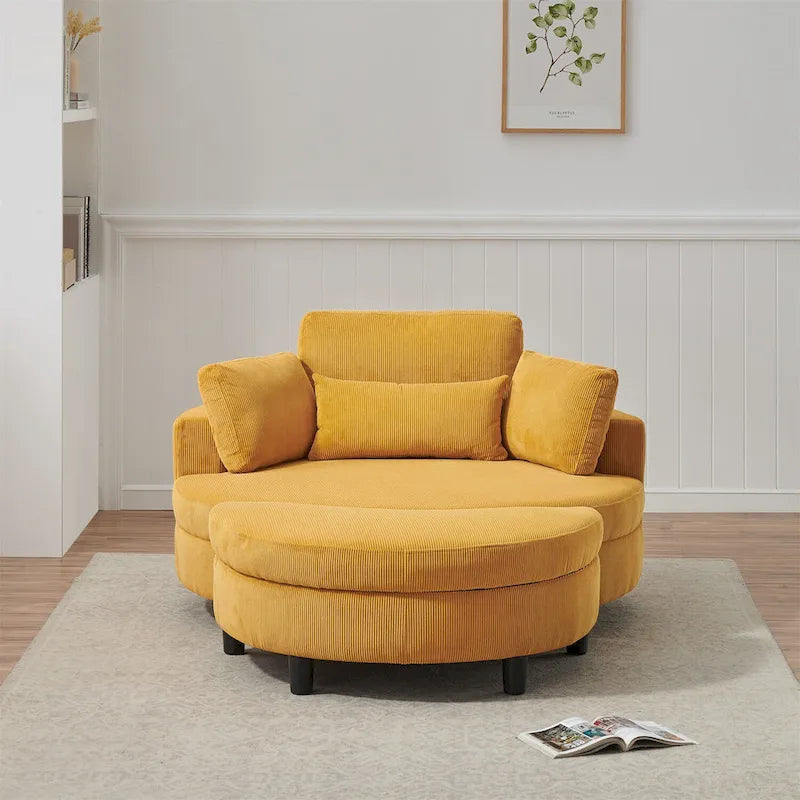 Canapé rond avec pouf, tissu velours côtelé, appui-tête réglable, plateau amovible, 2 coussins décoratifs et 1 coussin lombaire, orange / beige / gris / jaune, 1 personne