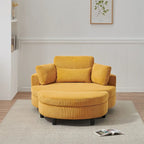 Canapé rond avec pouf, tissu velours côtelé, appui-tête réglable, plateau amovible, 2 coussins décoratifs et 1 coussin lombaire, orange / beige / gris / jaune, 1 personne