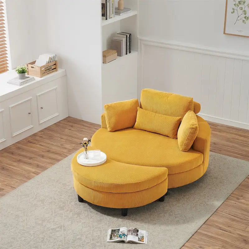 Canapé rond avec pouf, tissu velours côtelé, appui-tête réglable, plateau amovible, 2 coussins décoratifs et 1 coussin lombaire, orange / beige / gris / jaune, 1 personne