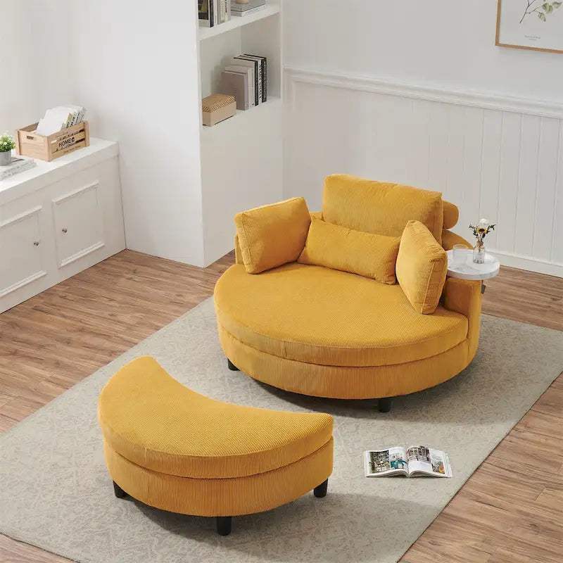 Canapé rond avec pouf, tissu velours côtelé, appui-tête réglable, plateau amovible, 2 coussins décoratifs et 1 coussin lombaire, orange / beige / gris / jaune, 1 personne