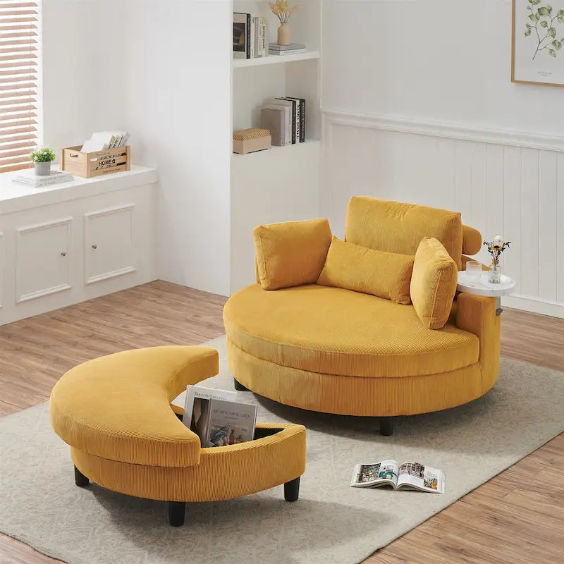 Canapé rond avec pouf, tissu velours côtelé, appui-tête réglable, plateau amovible, 2 coussins décoratifs et 1 coussin lombaire, orange / beige / gris / jaune, 1 personne
