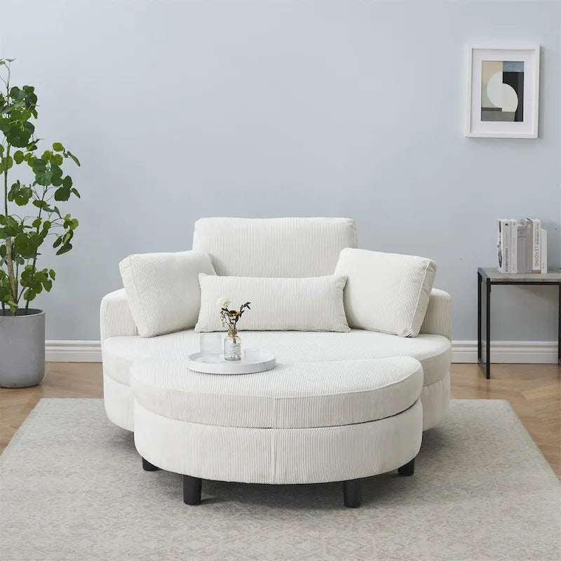 Canapé rond avec pouf, tissu velours côtelé, appui-tête réglable, plateau amovible, 2 coussins décoratifs et 1 coussin lombaire, orange / beige / gris / jaune, 1 personne