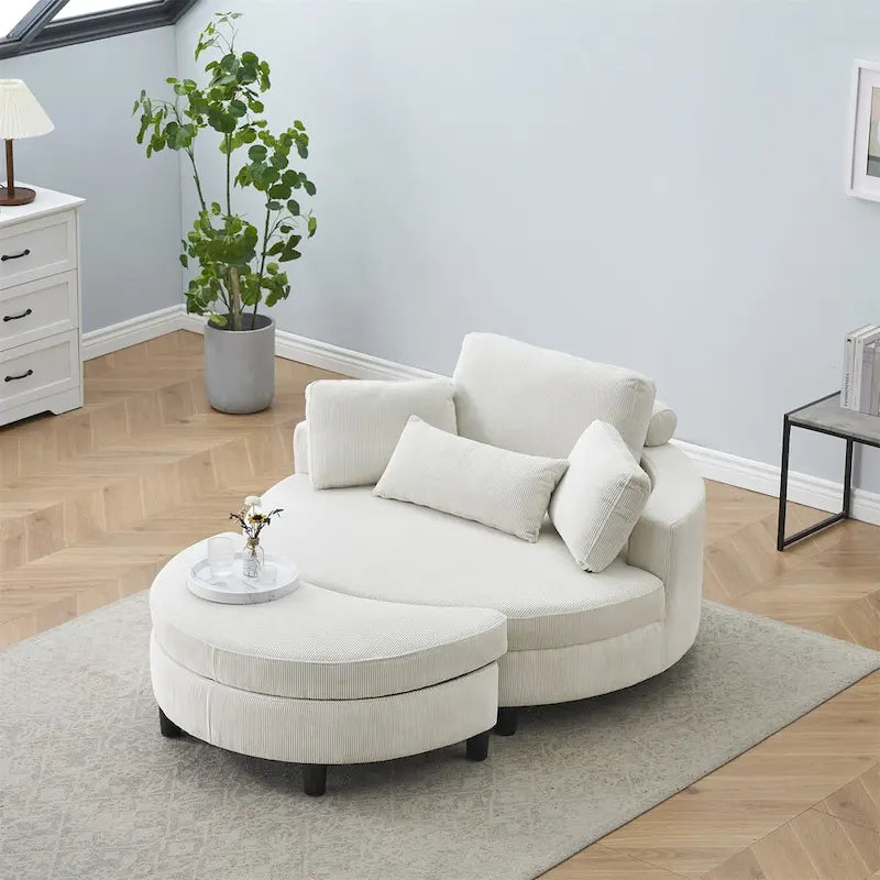 Canapé rond avec pouf, tissu velours côtelé, appui-tête réglable, plateau amovible, 2 coussins décoratifs et 1 coussin lombaire, orange / beige / gris / jaune, 1 personne