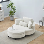 Canapé rond avec pouf, tissu velours côtelé, appui-tête réglable, plateau amovible, 2 coussins décoratifs et 1 coussin lombaire, orange / beige / gris / jaune, 1 personne
