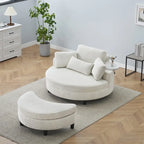 Canapé rond avec pouf, tissu velours côtelé, appui-tête réglable, plateau amovible, 2 coussins décoratifs et 1 coussin lombaire, orange / beige / gris / jaune, 1 personne