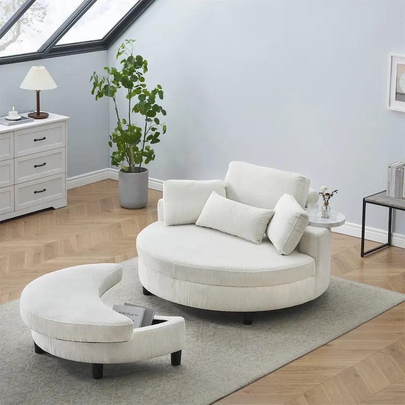 Canapé rond avec pouf, tissu velours côtelé, appui-tête réglable, plateau amovible, 2 coussins décoratifs et 1 coussin lombaire, orange / beige / gris / jaune, 1 personne