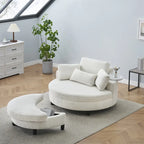 Canapé rond avec pouf, tissu velours côtelé, appui-tête réglable, plateau amovible, 2 coussins décoratifs et 1 coussin lombaire, orange / beige / gris / jaune, 1 personne