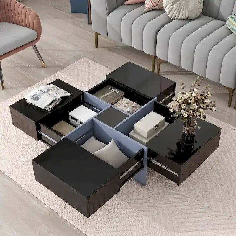 Table basse carrée, 4 compartiments de rangement cachés, plateau coulissant extensible, finition brillante UV, marron / noir / blanc, pour 1 personne