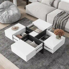 Table basse carrée, 4 compartiments de rangement cachés, plateau coulissant extensible, finition brillante UV, marron / noir / blanc, pour 1 personne