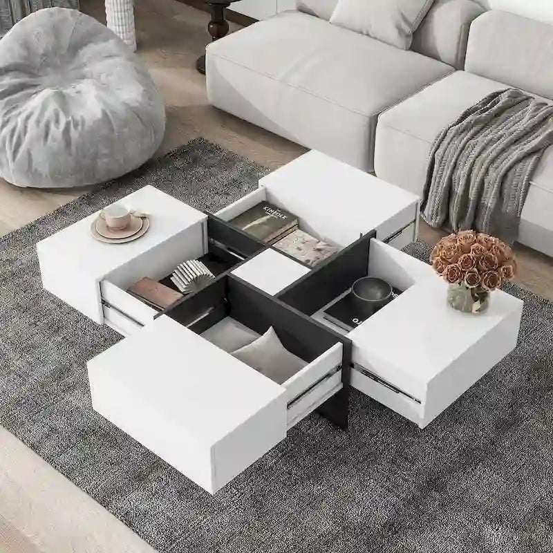 Table basse carrée, 4 compartiments de rangement cachés, plateau coulissant extensible, finition brillante UV, marron / noir / blanc, pour 1 personne