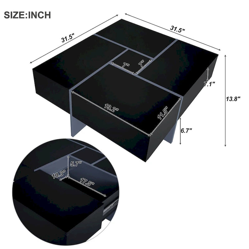 Table basse carrée, 4 compartiments de rangement cachés, plateau coulissant extensible, finition brillante UV, marron / noir / blanc, pour 1 personne