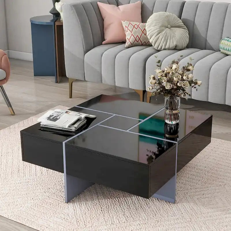 Table basse carrée, 4 compartiments de rangement cachés, plateau coulissant extensible, finition brillante UV, marron / noir / blanc, pour 1 personne