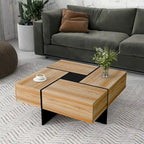 Table basse carrée, 4 compartiments de rangement cachés, plateau coulissant extensible, finition brillante UV, marron / noir / blanc, pour 1 personne