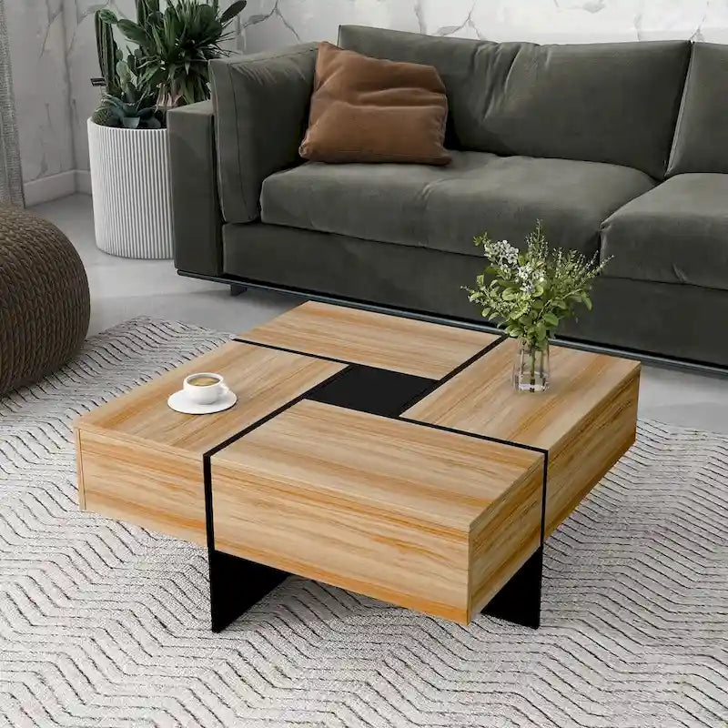 Table basse carrée, 4 compartiments de rangement cachés, plateau coulissant extensible, finition brillante UV, marron / noir / blanc, pour 1 personne