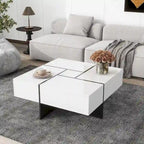Table basse carrée, 4 compartiments de rangement cachés, plateau coulissant extensible, finition brillante UV, marron / noir / blanc, pour 1 personne