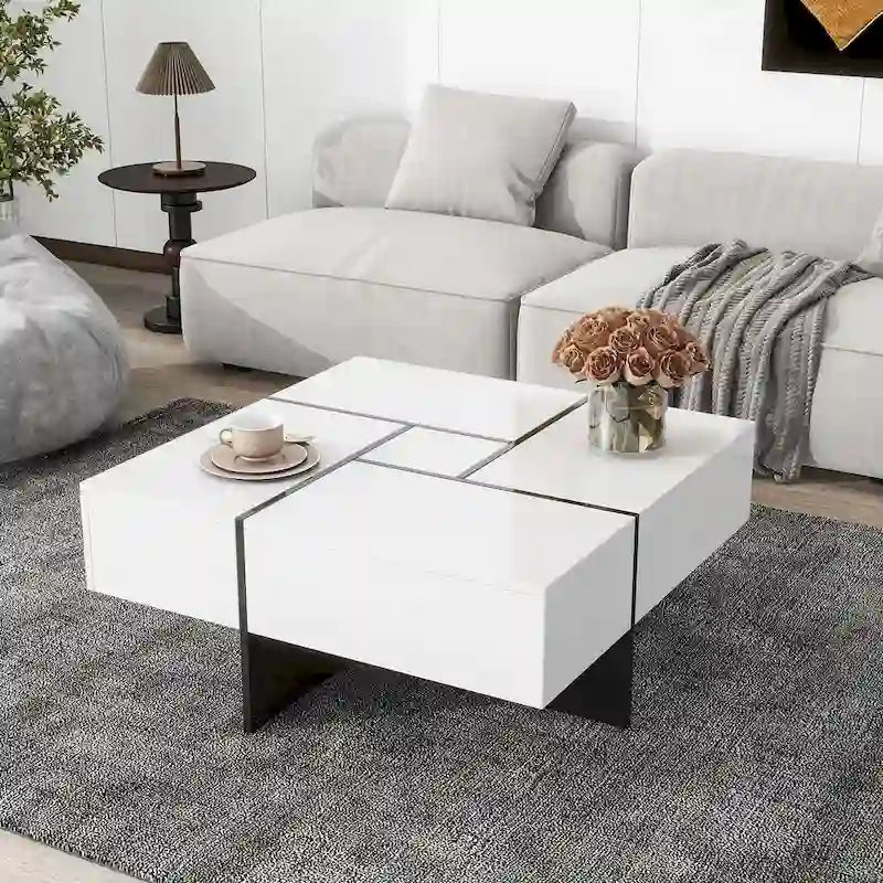 Table basse carrée, 4 compartiments de rangement cachés, plateau coulissant extensible, finition brillante UV, marron / noir / blanc, pour 1 personne