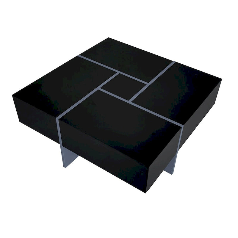 Table basse carrée, 4 compartiments de rangement cachés, plateau coulissant extensible, finition brillante UV, marron / noir / blanc, pour 1 personne