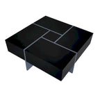 Table basse carrée, 4 compartiments de rangement cachés, plateau coulissant extensible, finition brillante UV, marron / noir / blanc, pour 1 personne