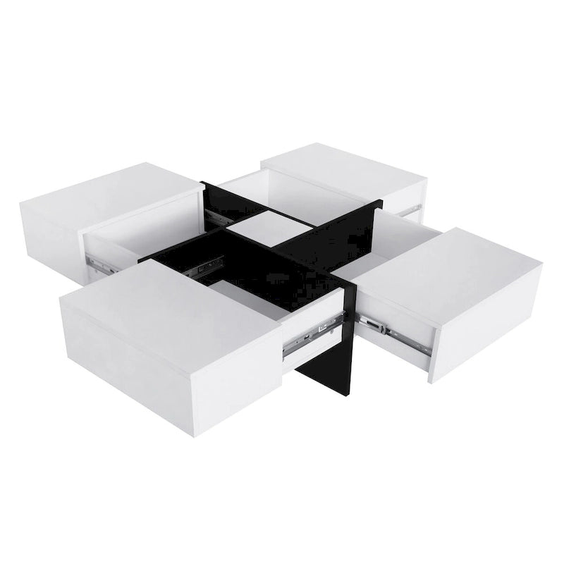 Table basse carrée, 4 compartiments de rangement cachés, plateau coulissant extensible, finition brillante UV, marron / noir / blanc, pour 1 personne