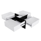 Table basse carrée, 4 compartiments de rangement cachés, plateau coulissant extensible, finition brillante UV, marron / noir / blanc, pour 1 personne