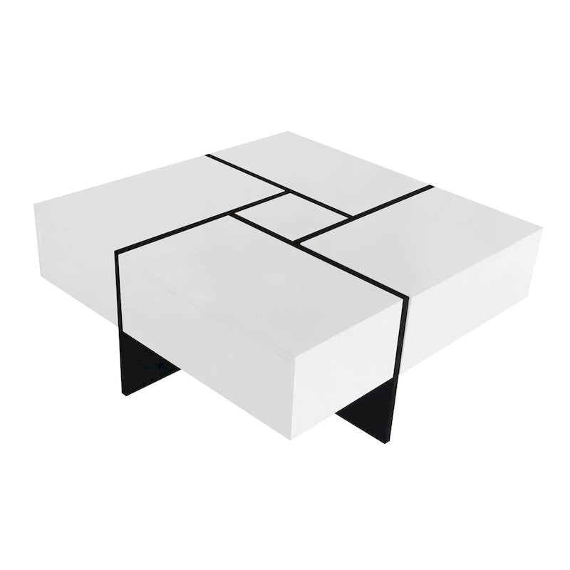 Table basse carrée, 4 compartiments de rangement cachés, plateau coulissant extensible, finition brillante UV, marron / noir / blanc, pour 1 personne