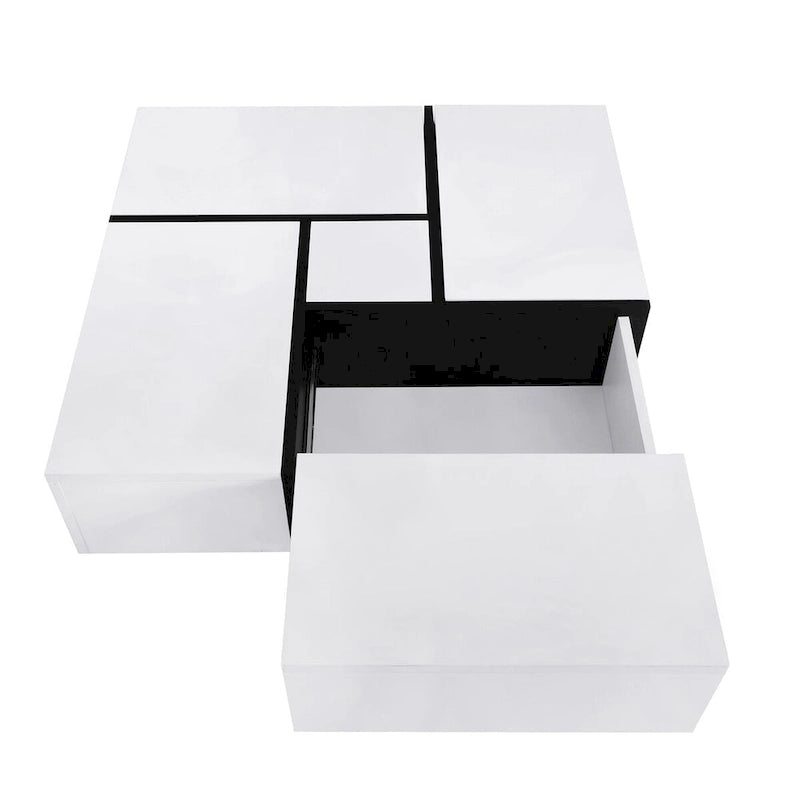 Table basse carrée, 4 compartiments de rangement cachés, plateau coulissant extensible, finition brillante UV, marron / noir / blanc, pour 1 personne