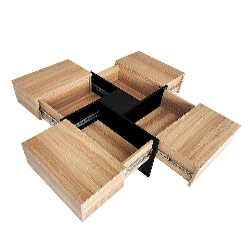 Table basse carrée, 4 compartiments de rangement cachés, plateau coulissant extensible, finition brillante UV, marron / noir / blanc, pour 1 personne