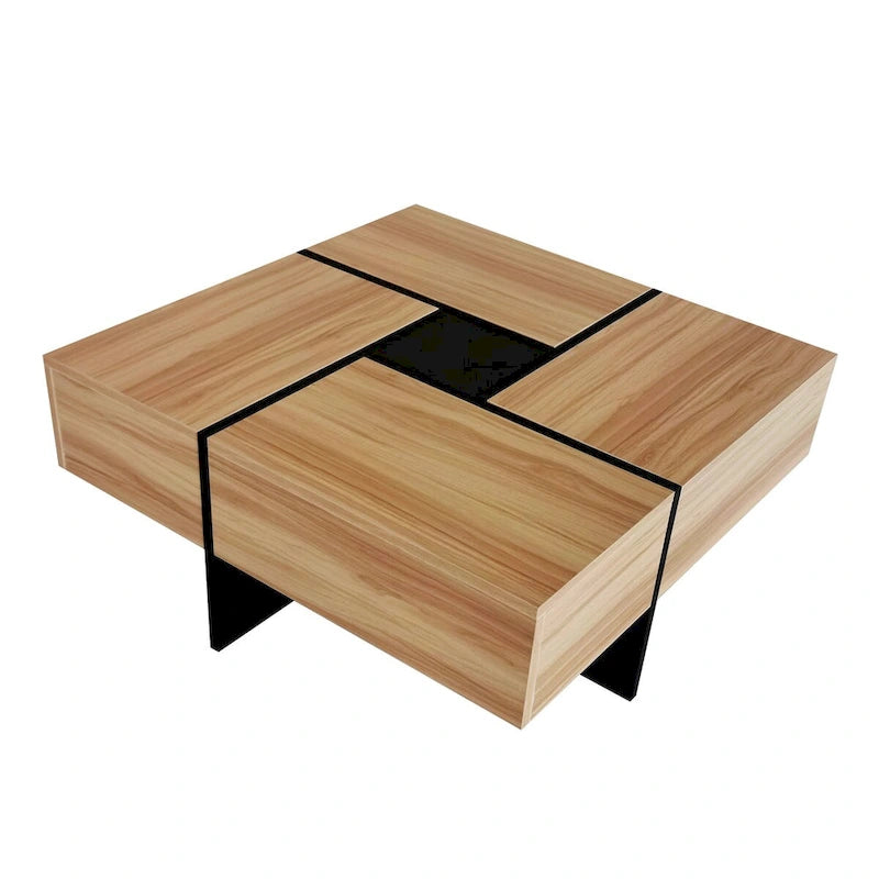 Table basse carrée, 4 compartiments de rangement cachés, plateau coulissant extensible, finition brillante UV, marron / noir / blanc, pour 1 personne