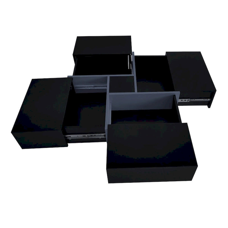 Table basse carrée, 4 compartiments de rangement cachés, plateau coulissant extensible, finition brillante UV, marron / noir / blanc, pour 1 personne