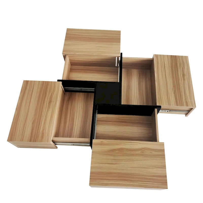 Table basse carrée, 4 compartiments de rangement cachés, plateau coulissant extensible, finition brillante UV, marron / noir / blanc, pour 1 personne
