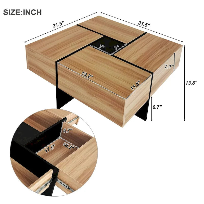 Table basse carrée, 4 compartiments de rangement cachés, plateau coulissant extensible, finition brillante UV, marron / noir / blanc, pour 1 personne