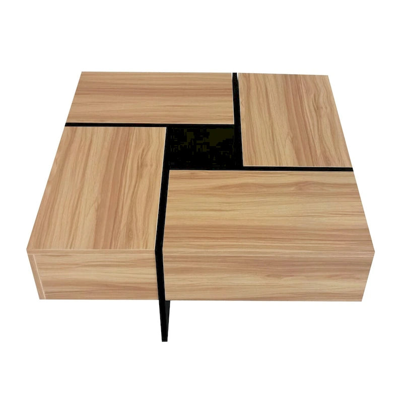 Table basse carrée, 4 compartiments de rangement cachés, plateau coulissant extensible, finition brillante UV, marron / noir / blanc, pour 1 personne