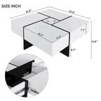 Table basse carrée, 4 compartiments de rangement cachés, plateau coulissant extensible, finition brillante UV, marron / noir / blanc, pour 1 personne