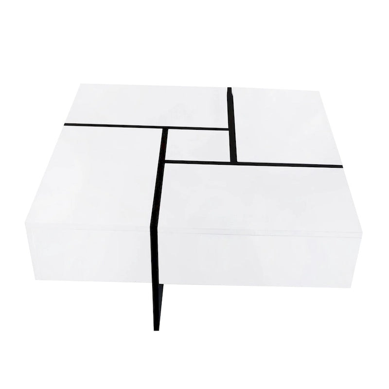 Table basse carrée, 4 compartiments de rangement cachés, plateau coulissant extensible, finition brillante UV, marron / noir / blanc, pour 1 personne