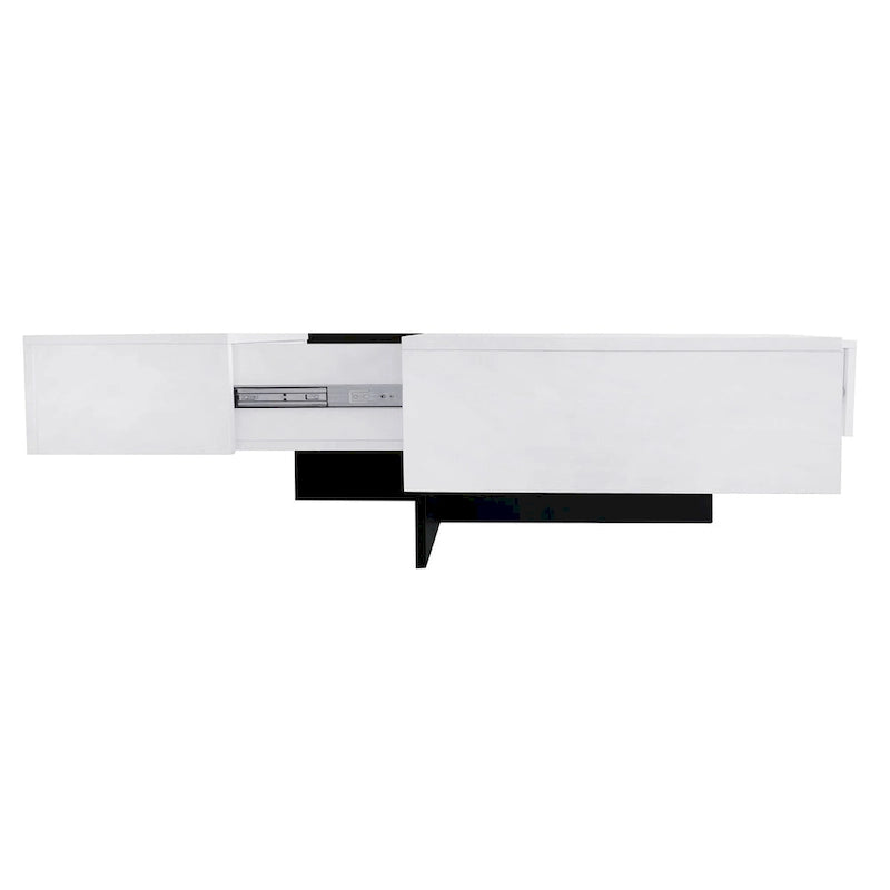 Table basse carrée, 4 compartiments de rangement cachés, plateau coulissant extensible, finition brillante UV, marron / noir / blanc, pour 1 personne