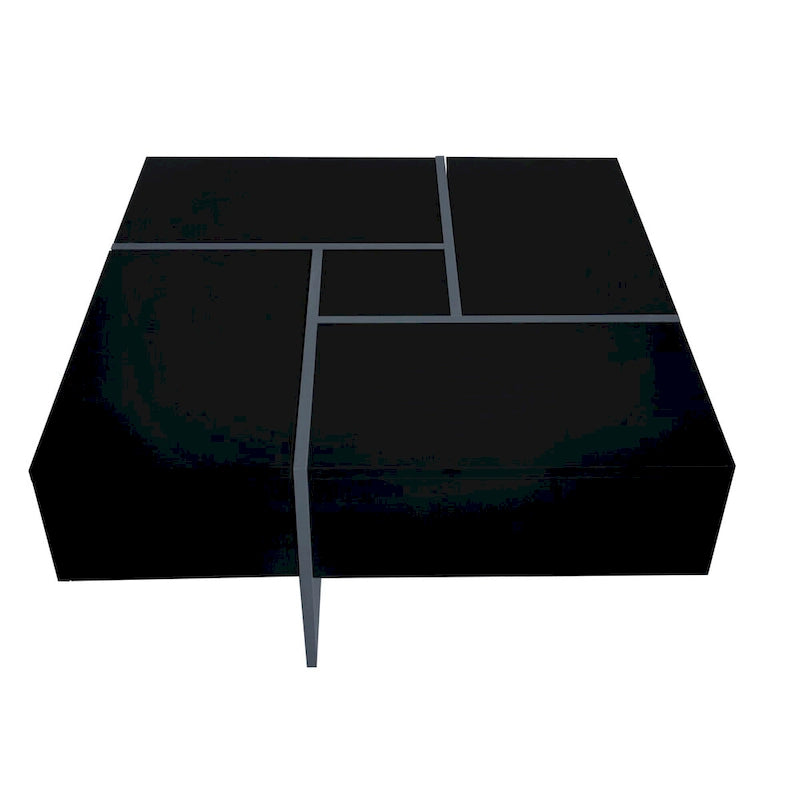 Table basse carrée, 4 compartiments de rangement cachés, plateau coulissant extensible, finition brillante UV, marron / noir / blanc, pour 1 personne