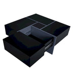 Table basse carrée, 4 compartiments de rangement cachés, plateau coulissant extensible, finition brillante UV, marron / noir / blanc, pour 1 personne
