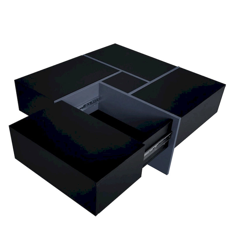 Table basse carrée, 4 compartiments de rangement cachés, plateau coulissant extensible, finition brillante UV, marron / noir / blanc, pour 1 personne