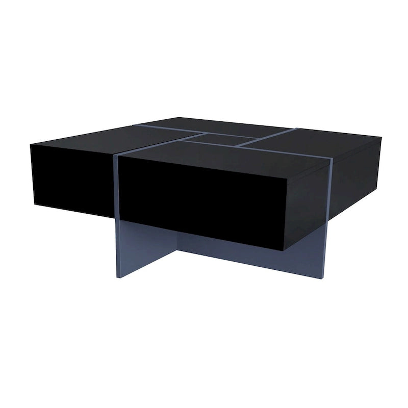 Table basse carrée, 4 compartiments de rangement cachés, plateau coulissant extensible, finition brillante UV, marron / noir / blanc, pour 1 personne
