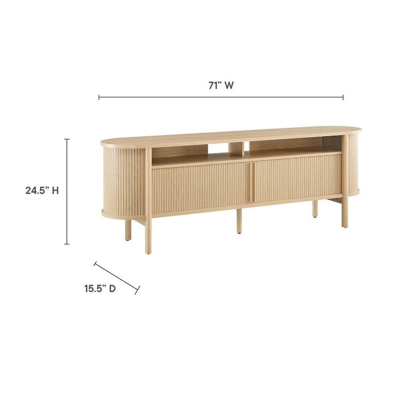 Meuble TV de 71 po, bords incurvés, détails cannelés, portes coulissantes, étagères ouvertes, gestion des câbles, bois d'hévéa et MDF, chêne, utilisation par 1 personne